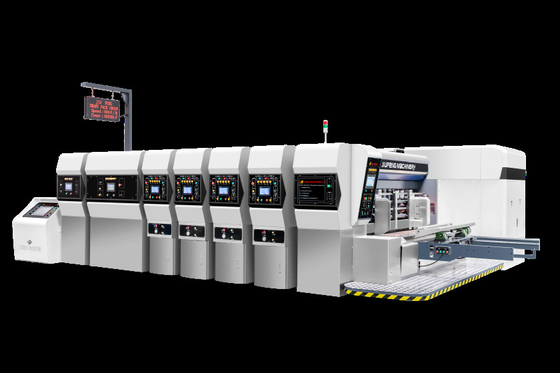 Cartón corrugado G6-0920 Todo controlado por computadora Presión de alimentación libre Estructura de borde de plomo Transferencia de vacío 4 Impresora de color + Slotter + Cortador de die + Vibrator + apilador